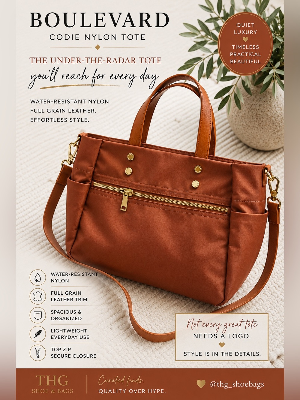 Boulevard Codie Nylon Tote Rust Copper Leather Trim Travel Bag
